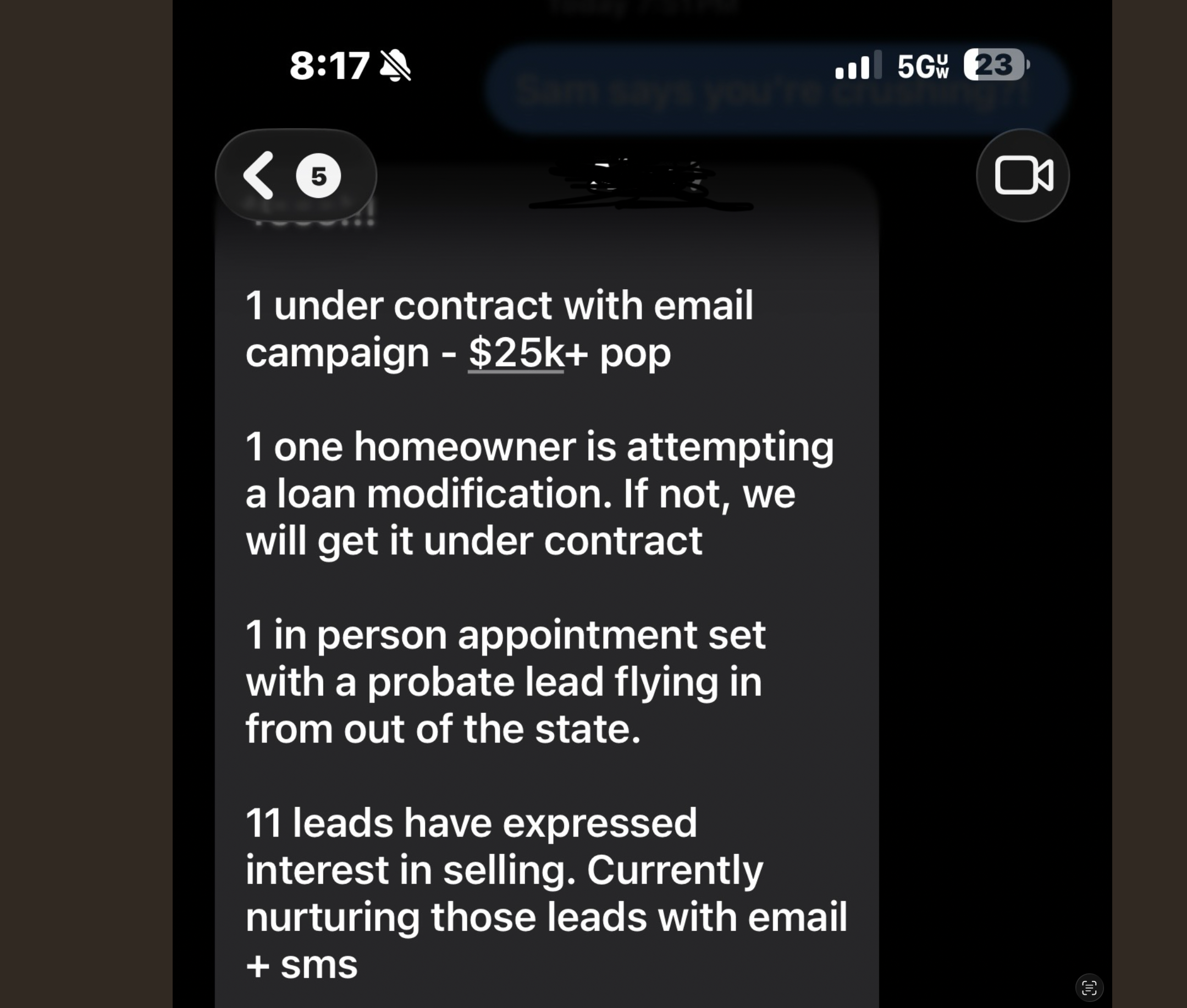 Text message showing deal results: 1 under contract $25k+ pop, homeowner loan modification, in-person appointment set, 11 leads expressing interest