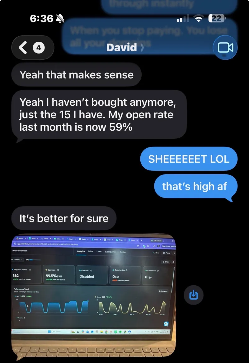 Text conversation with David Cohen: Yeah I haven't bought anymore, just the 15 I have. My open rate last month is now 59%. It's better for sure. Attached photo of his Instantly Pre-Foreclosure campaign dashboard.