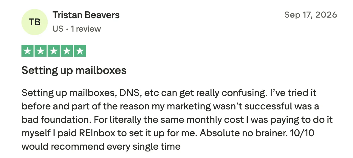 Five-star review from Tristan Beavers: Setting up mailboxes, DNS, etc can get really confusing. For literally the same monthly cost I was paying to do it myself I paid REInbox to set it up for me. Absolute no brainer. 10/10 would recommend every single time.